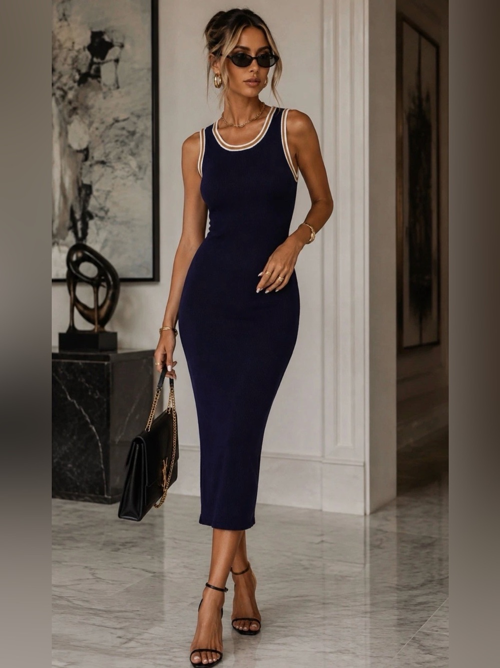 Caroline Constas Navy Midi Knit Dress